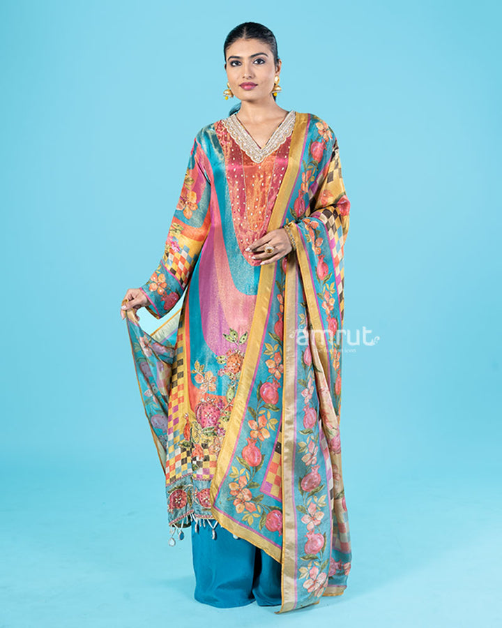 Vibrant Teal Pink and Orange Salwar Kameez with Mustard Yellow Floral Dupatta 01