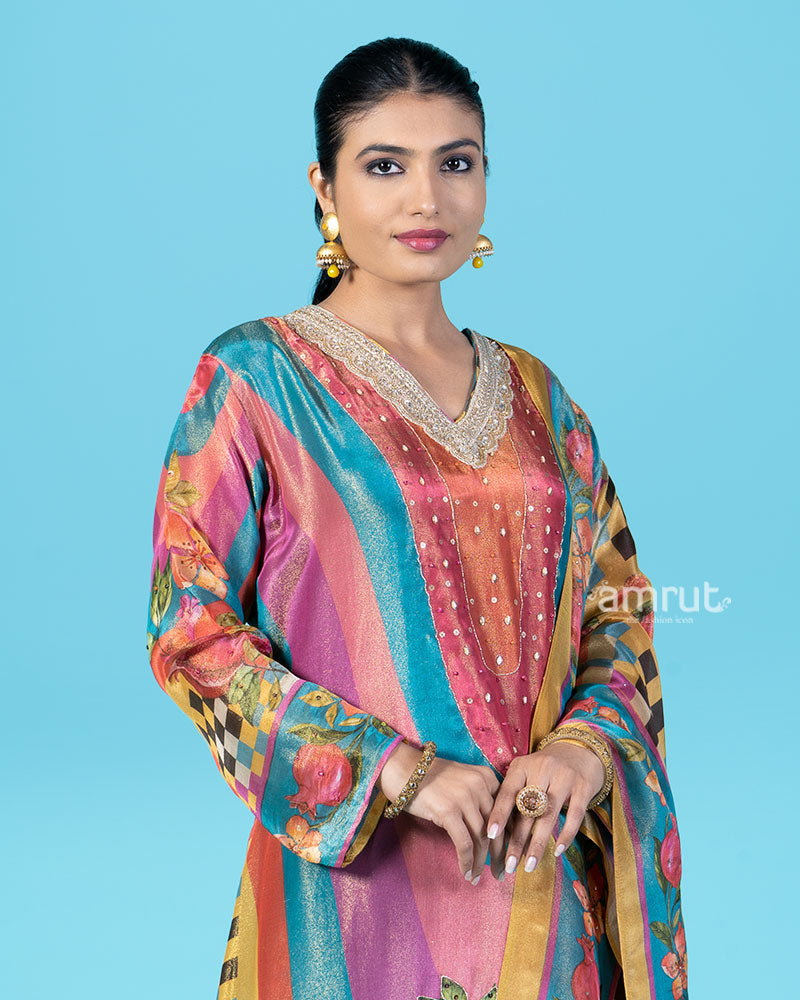 Vibrant Teal Pink and Orange Salwar Kameez with Mustard Yellow Floral Dupatta 02