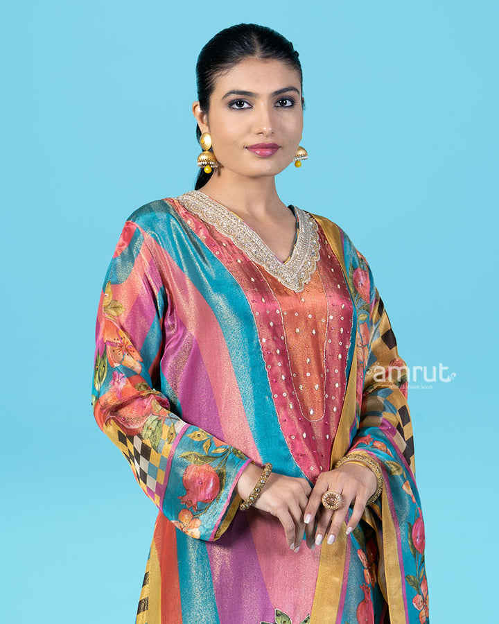 Vibrant Teal Pink and Orange Salwar Kameez with Mustard Yellow Floral Dupatta 02