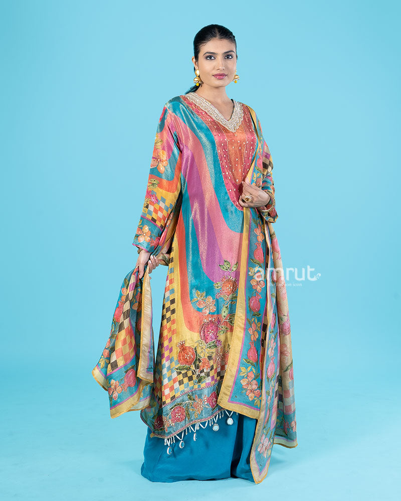 Vibrant Teal Pink and Orange Salwar Kameez with Mustard Yellow Floral Dupatta 04