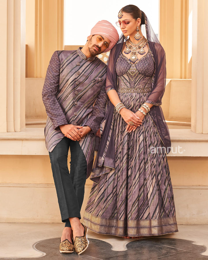 Violet Anarkali Dress and Men Blue Kurta Set