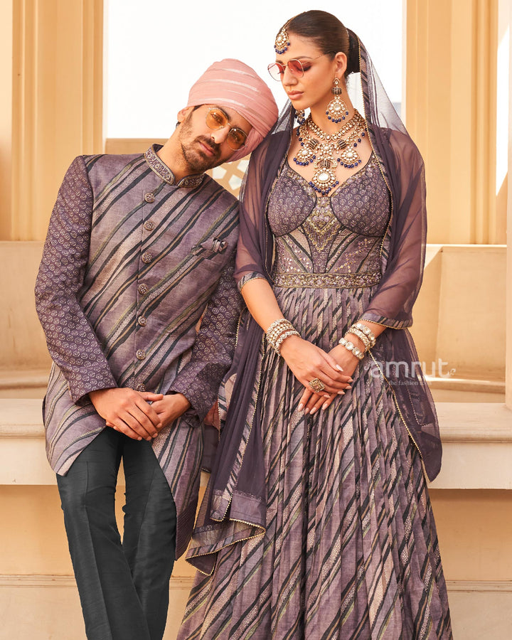 Violet Anarkali Dress and Men Blue Kurta Set