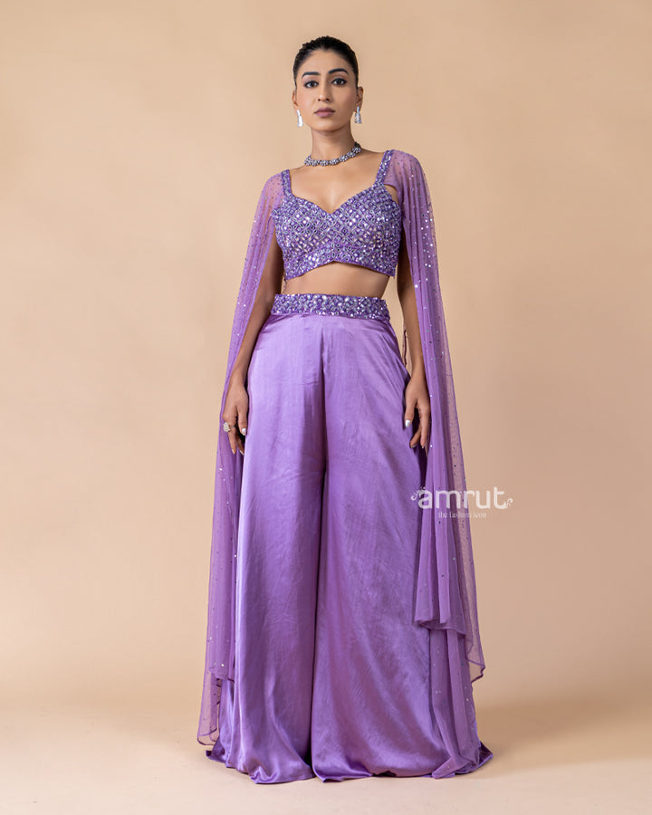 Violet Crop Top and Palazzo Set with Draped Net Dupatta