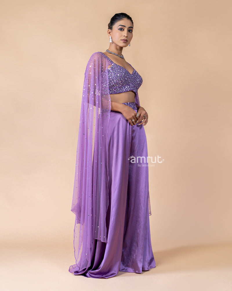 Violet Crop Top and Palazzo Set with Draped Net Dupatta