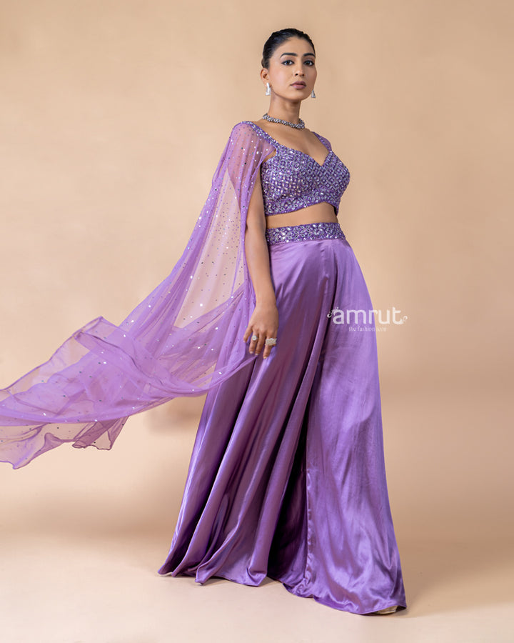 Violet Crop Top and Palazzo Set with Draped Net Dupatta