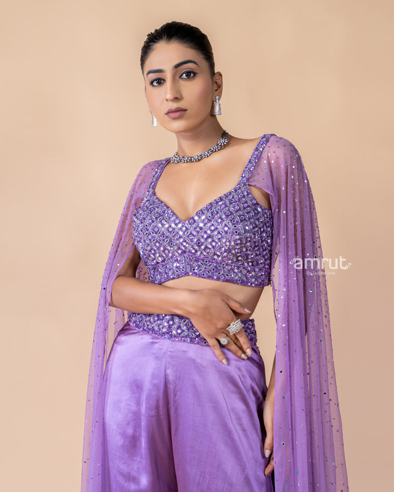 Violet Crop Top and Palazzo Set with Draped Net Dupatta