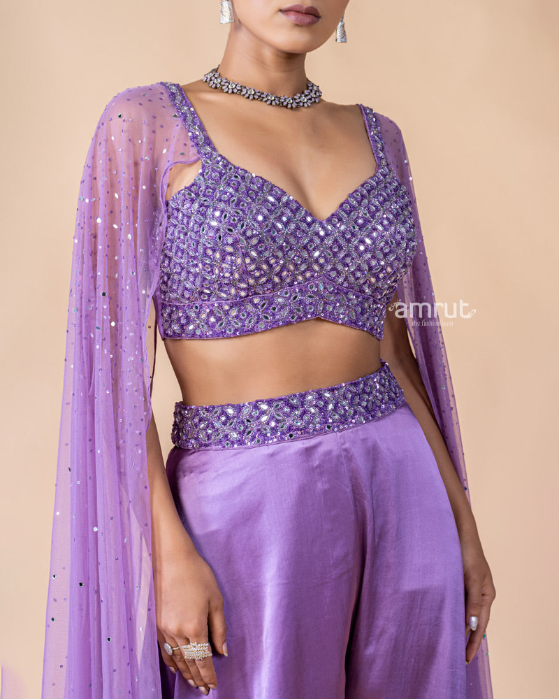 Violet Crop Top and Palazzo Set with Draped Net Dupatta