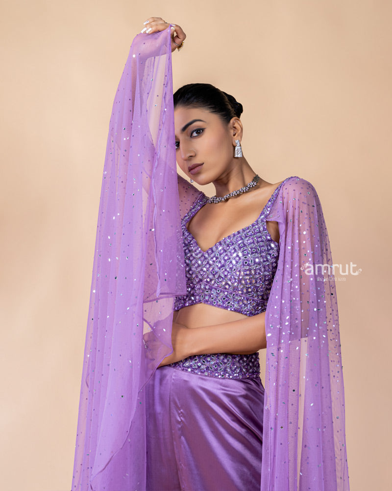 Violet Crop Top and Palazzo Set with Draped Net Dupatta