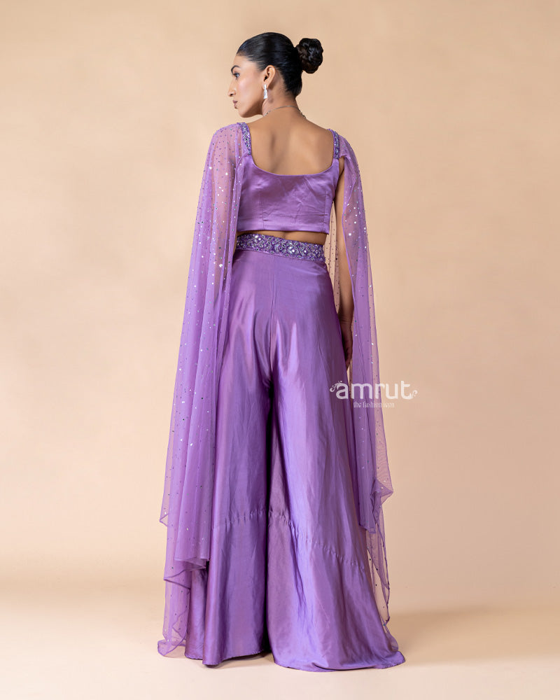 Violet Crop Top and Palazzo Set with Draped Net Dupatta