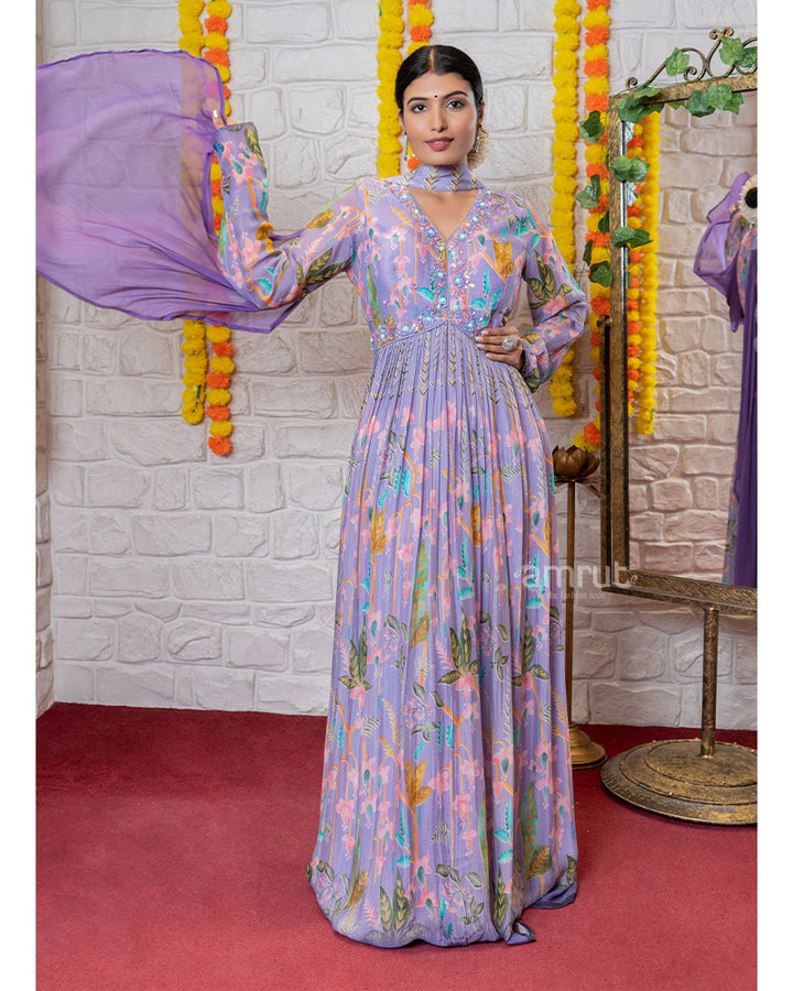 Violet Floral Printed Anarkali Suit Set with Dupatta