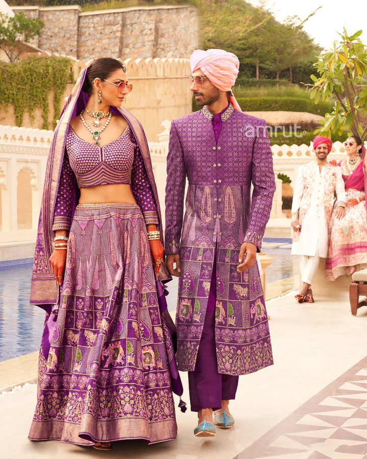 Violet Floral Printed lehenga Set and Men Kurta Set with Coat