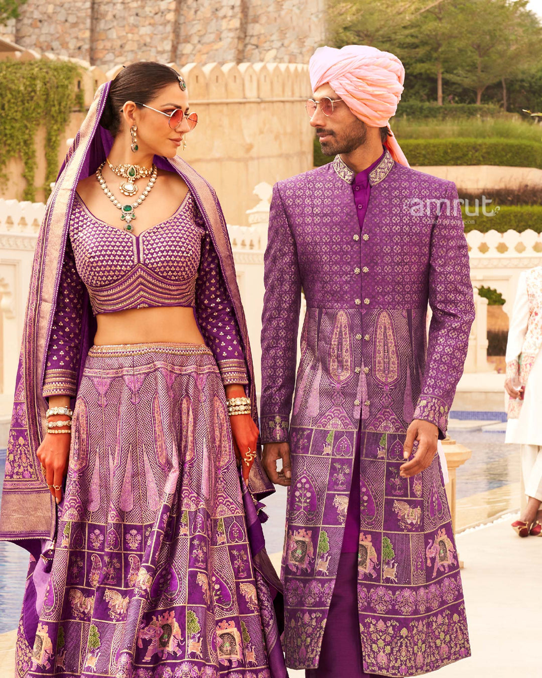 Violet Floral Printed lehenga Set and Men Kurta Set with Coat – AMRUT