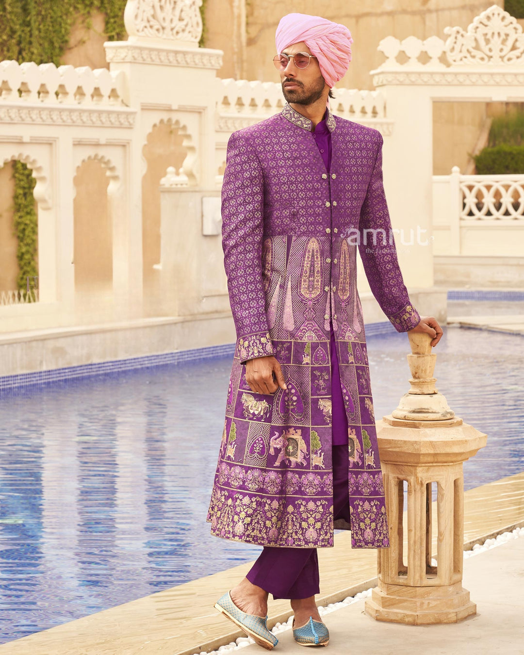 Violet Floral Printed lehenga Set and Men Kurta Set with Coat