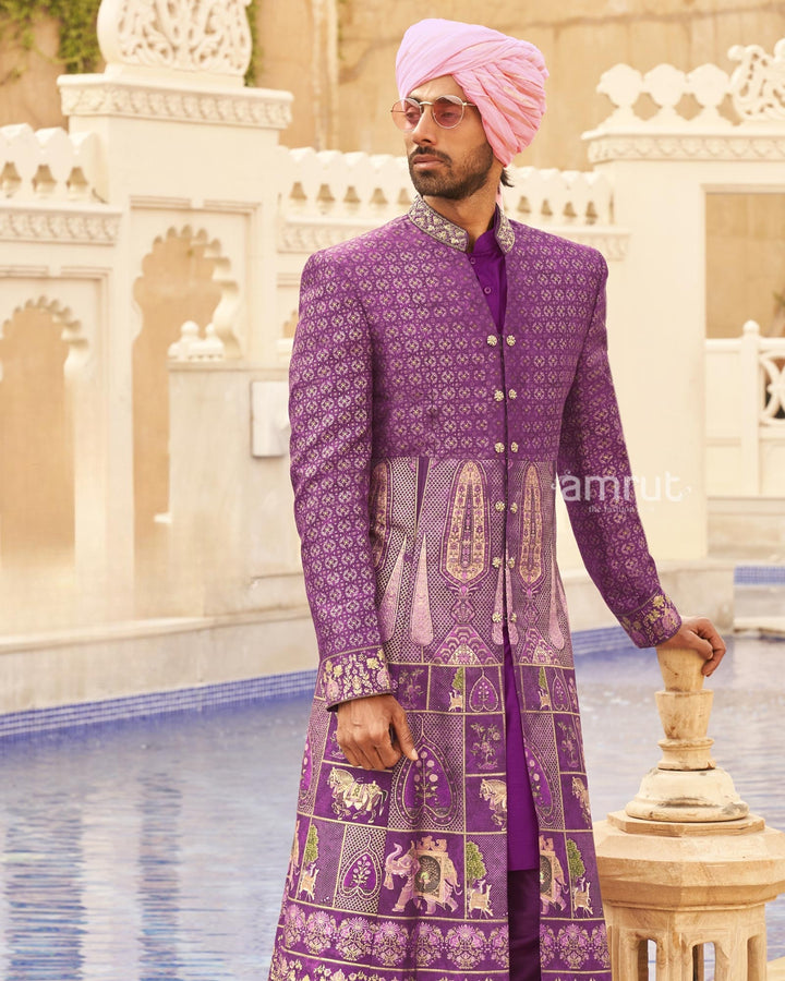 Violet Floral Printed lehenga Set and Men Kurta Set with Coat