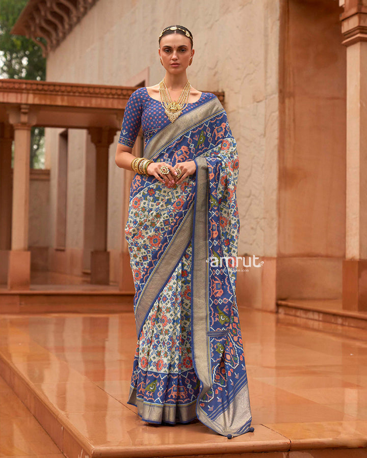 Violet Patola Saree With Unstitched Blouse In Cotton Silk