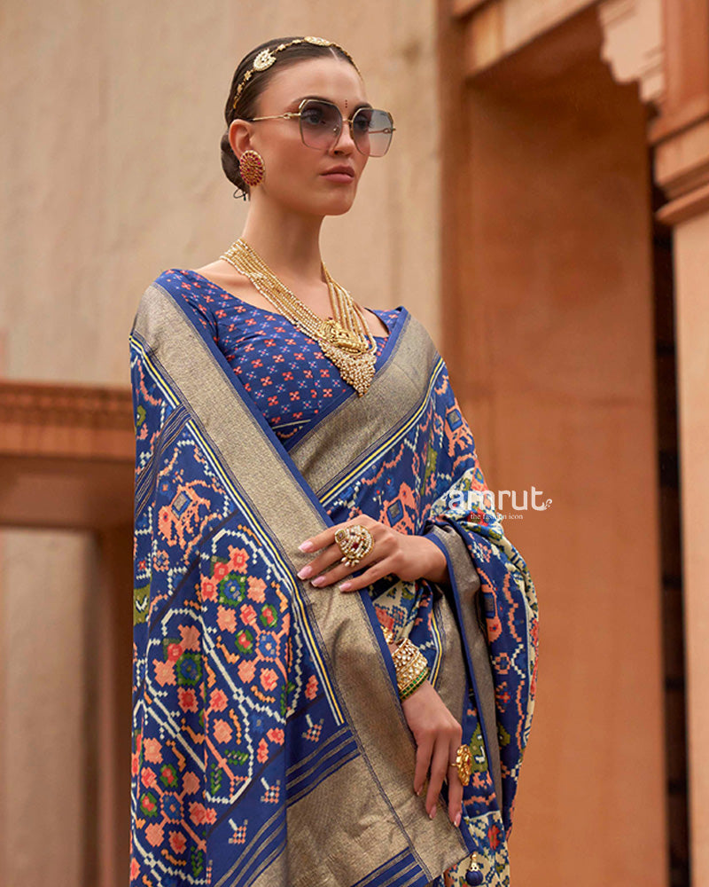 Violet Patola Saree With Unstitched Blouse In Cotton Silk