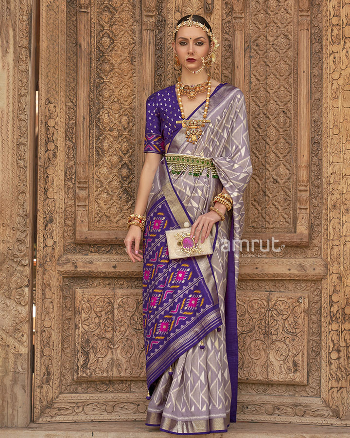 Violet Cotton Silk Printed Saree With Figure Detail Palluand Unstitched Blouse Piece 