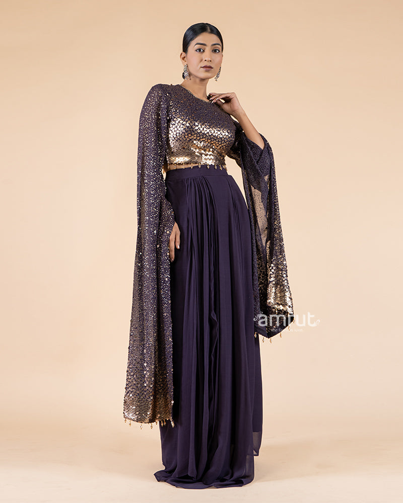 Violet Drape Skirt with Sparkling Sequin Crop Top(01)