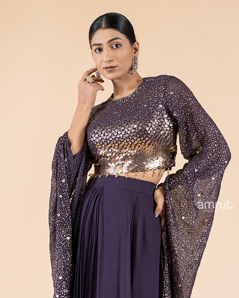 Violet Drape Skirt with Sparkling Sequin Crop Top(02)