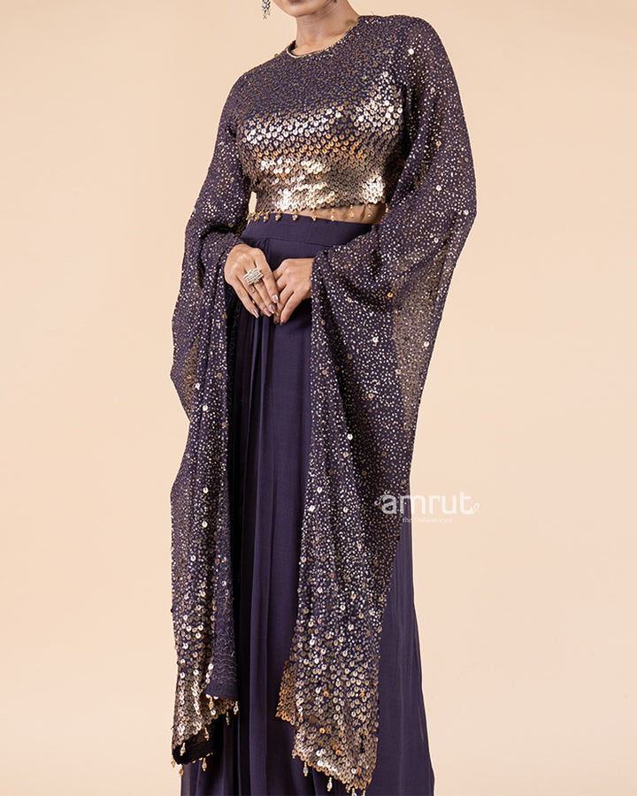 Violet Drape Skirt with Sparkling Sequin Crop Top(03)