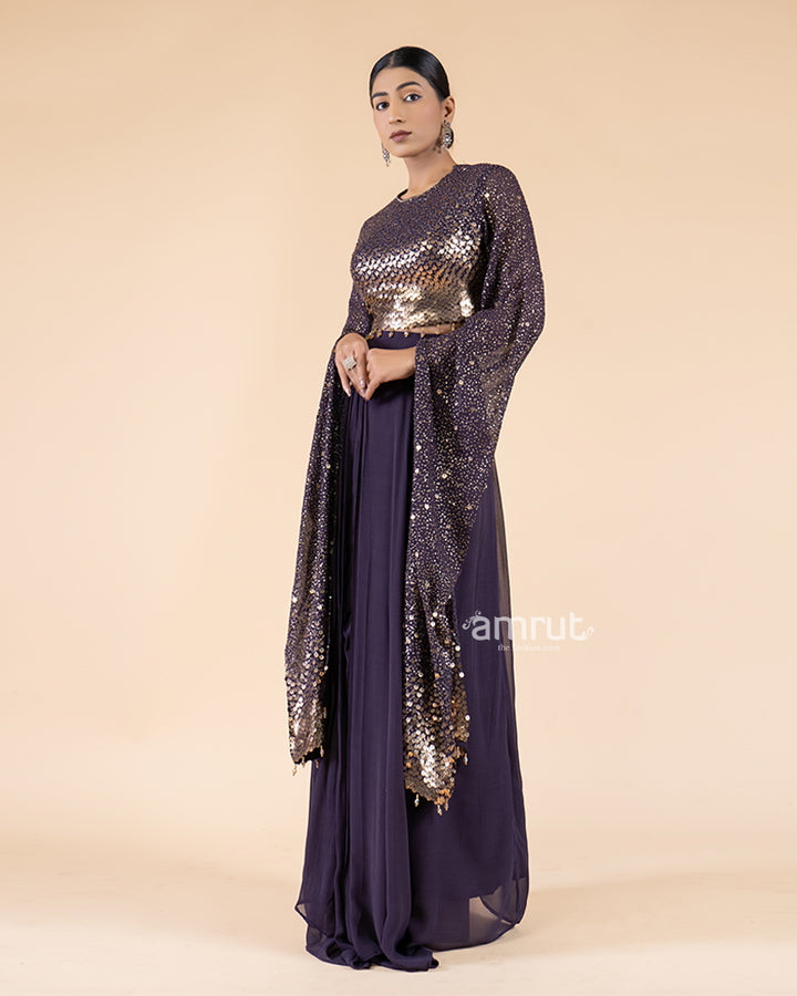 Violet Drape Skirt with Sparkling Sequin Crop Top(04)