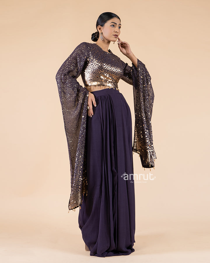Violet Drape Skirt with Sparkling Sequin Crop Top(05)