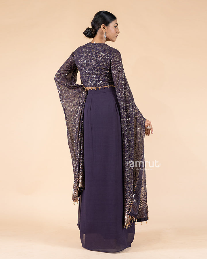 Violet Drape Skirt with Sparkling Sequin Crop Top(06)
