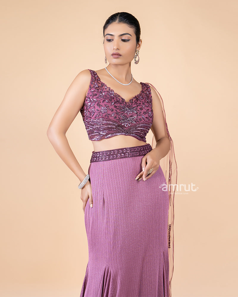 Violet Draped Skirt with Crop Top and Attached Flare Dupatta at One Si AMRUT