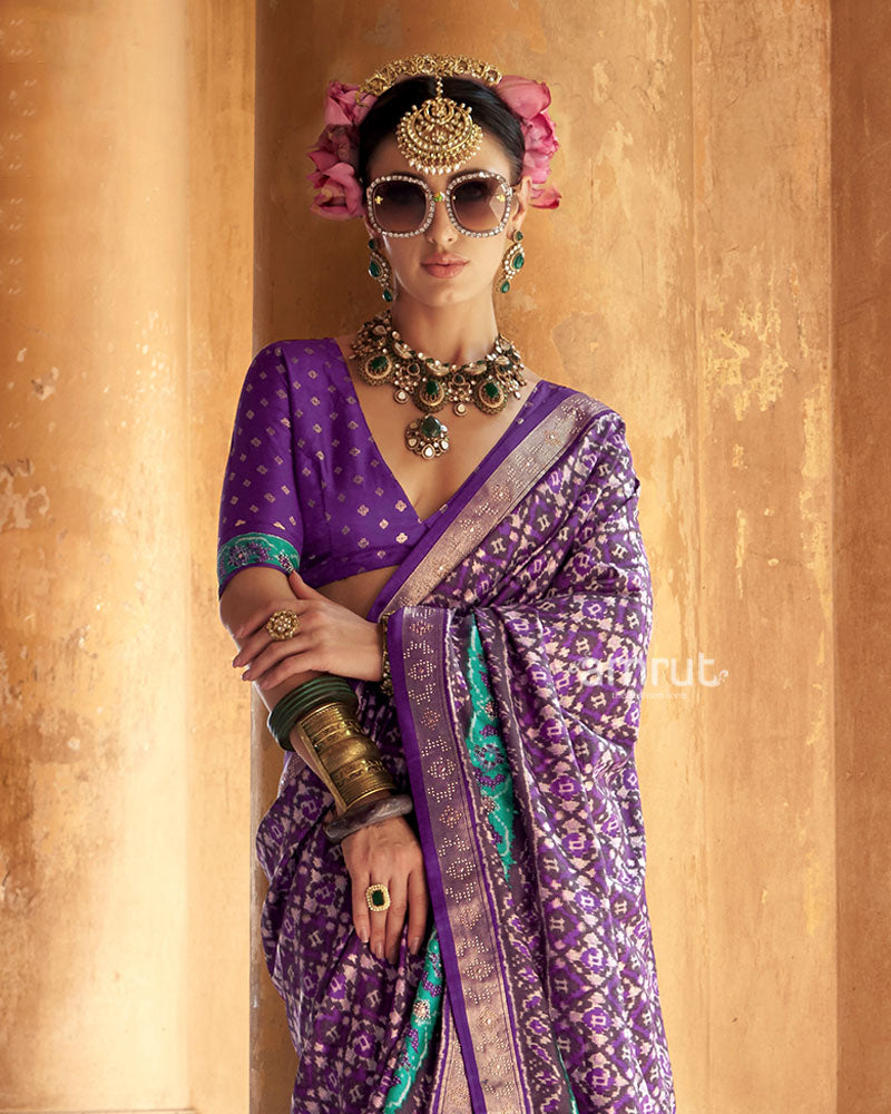 Violet Patola Silk Saree with Embellished Border and Unstitched Blouse 02