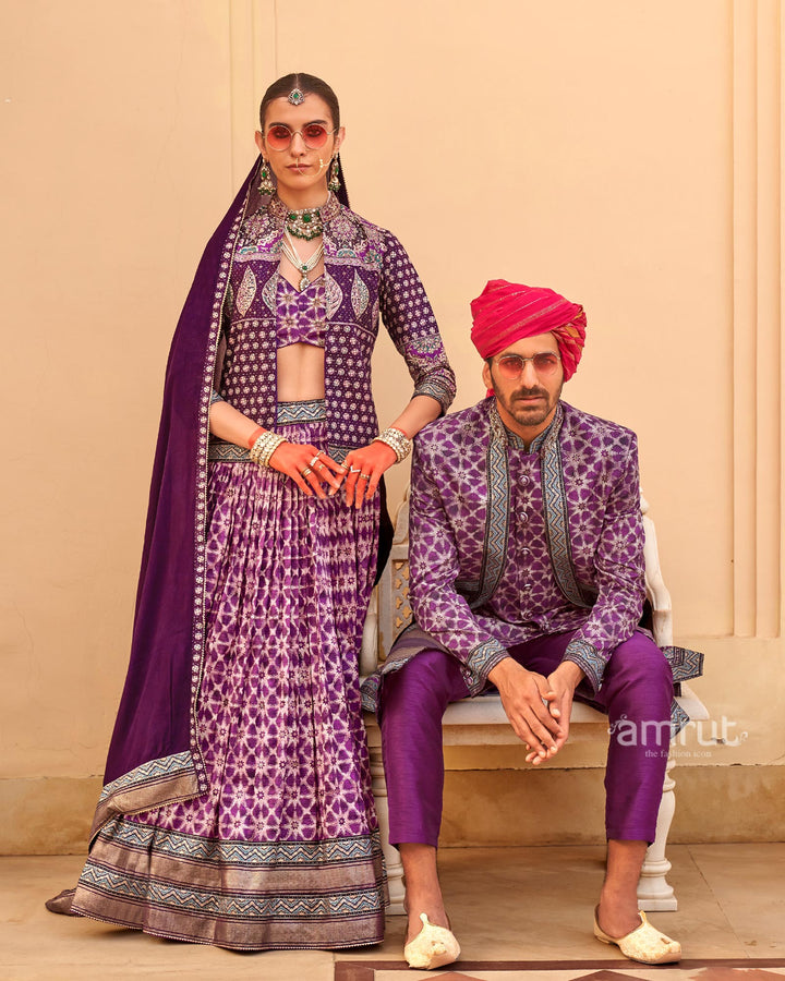 Violet lehenga Set and Men Kurta Set with Printed Coat