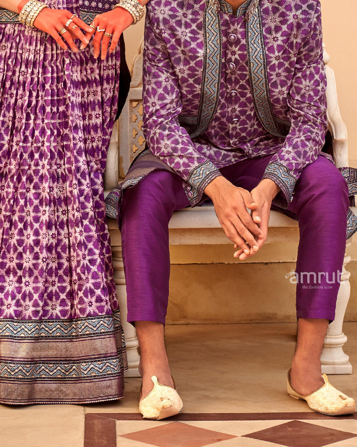 Violet lehenga Set and Men Kurta Set with Printed Coat