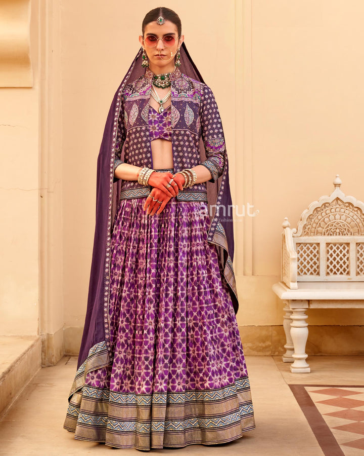 Violet lehenga Set and Men Kurta Set with Printed Coat