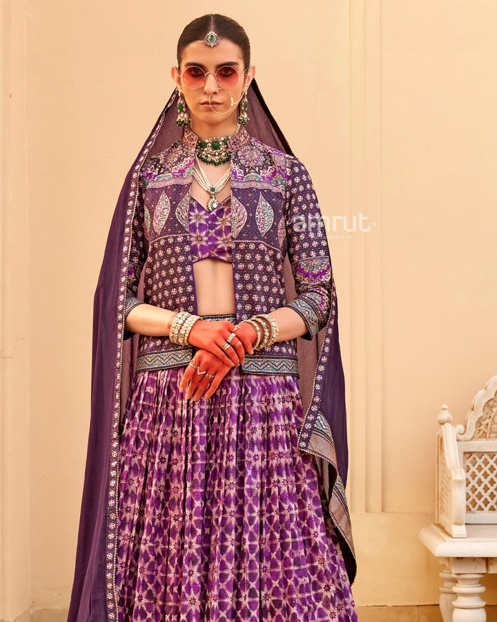 Violet lehenga Set and Men Kurta Set with Printed Coat