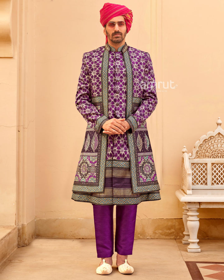 Violet lehenga Set and Men Kurta Set with Printed Coat