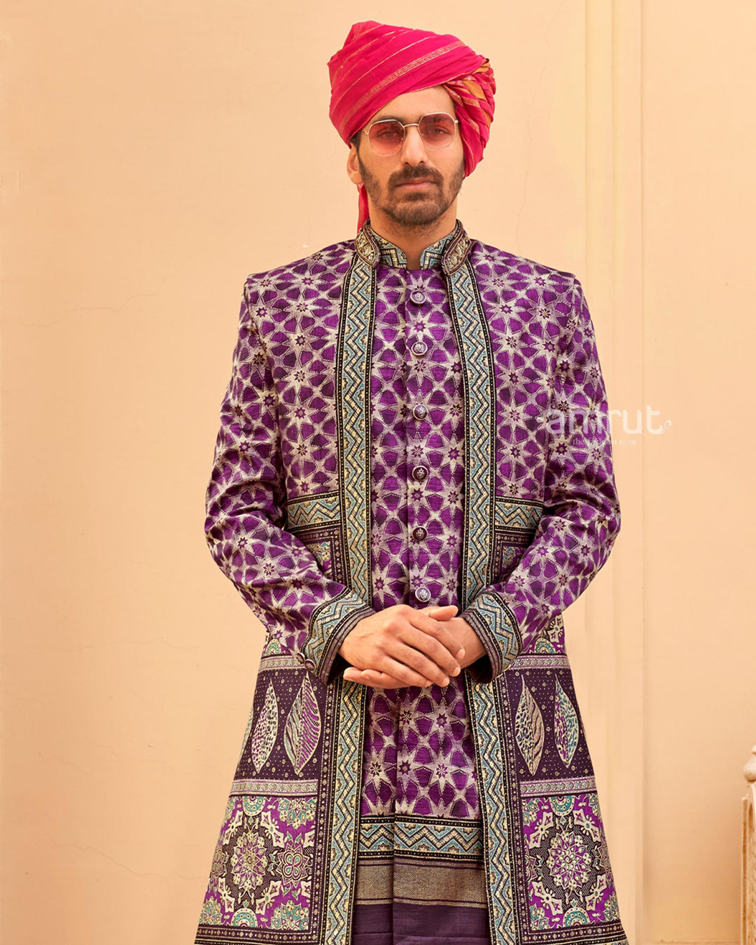 Violet lehenga Set and Men Kurta Set with Printed Coat