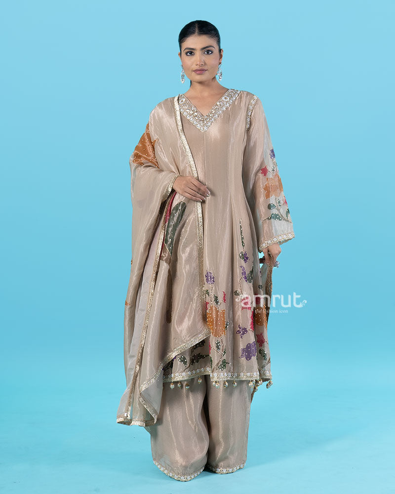Warm Grey Floral Embroidered Kurta with Beaded Palazzo Pants and Gold Dupatta 01