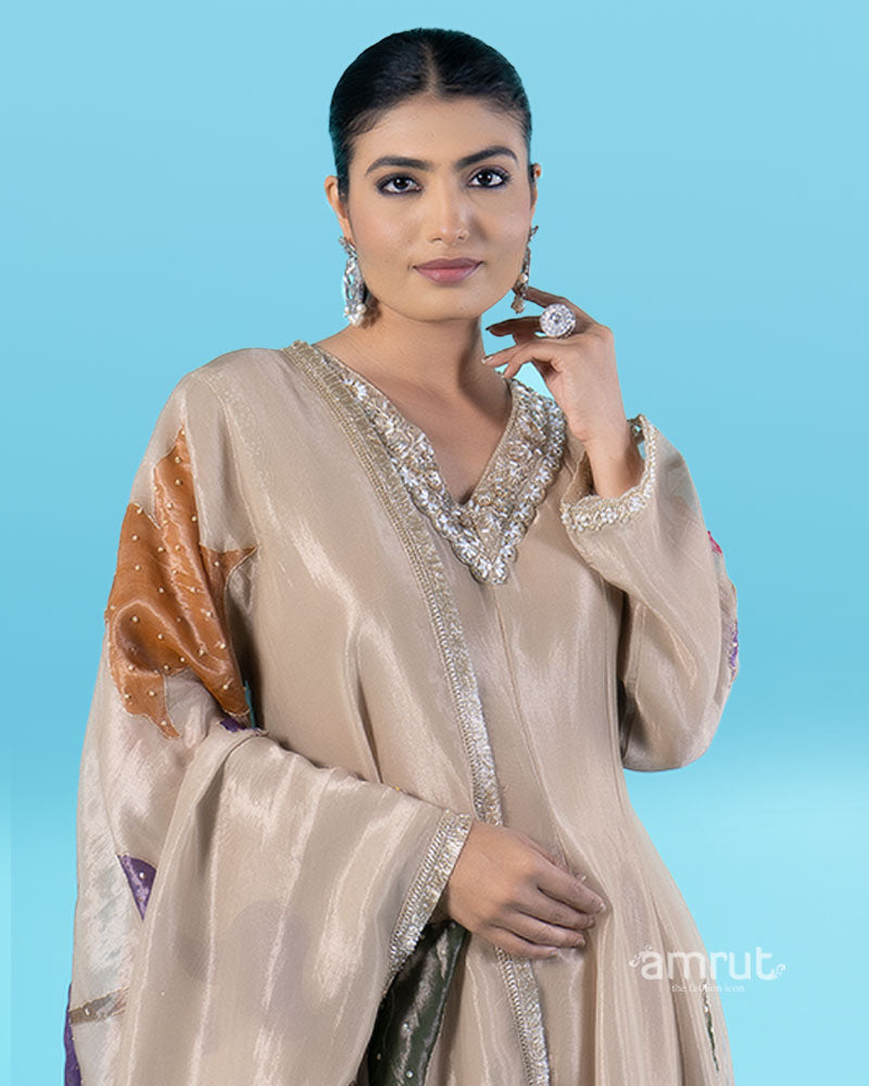 Warm Grey Floral Embroidered Kurta with Beaded Palazzo Pants and Gold Dupatta 02