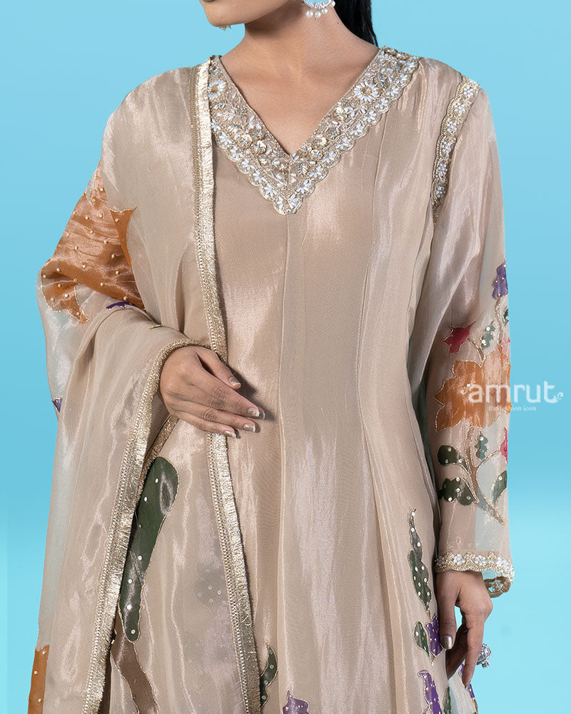 Warm Grey Floral Embroidered Kurta with Beaded Palazzo Pants and Gold Dupatta 04