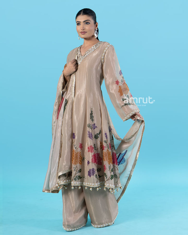Warm Grey Floral Embroidered Kurta with Beaded Palazzo Pants and Gold Dupatta 05