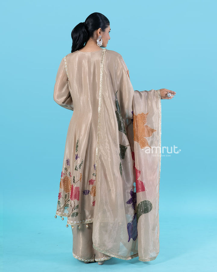 Warm Grey Floral Embroidered Kurta with Beaded Palazzo Pants and Gold Dupatta 06