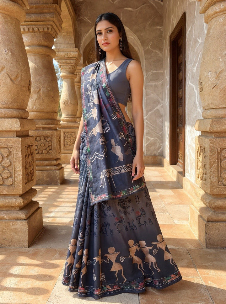 Handcrafted Grey Cotton Saree with Warli Art Print Ethnic Tribal Design