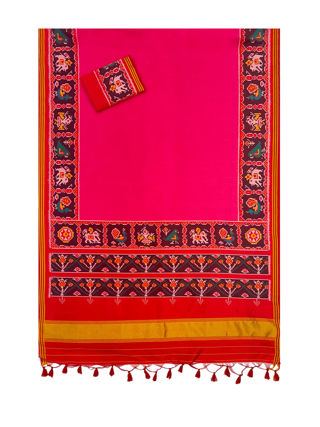 Ikat Print Patola Saree Gala Border with Unstitched Blouse