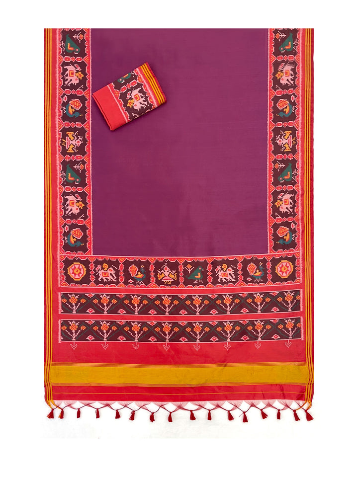 Ikat Print Patola Saree Gala Border with Unstitched Blouse