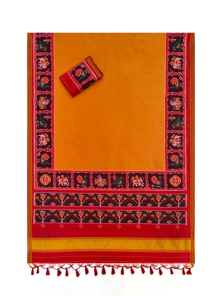 Ikat Print Patola Saree Gala Border with Unstitched Blouse