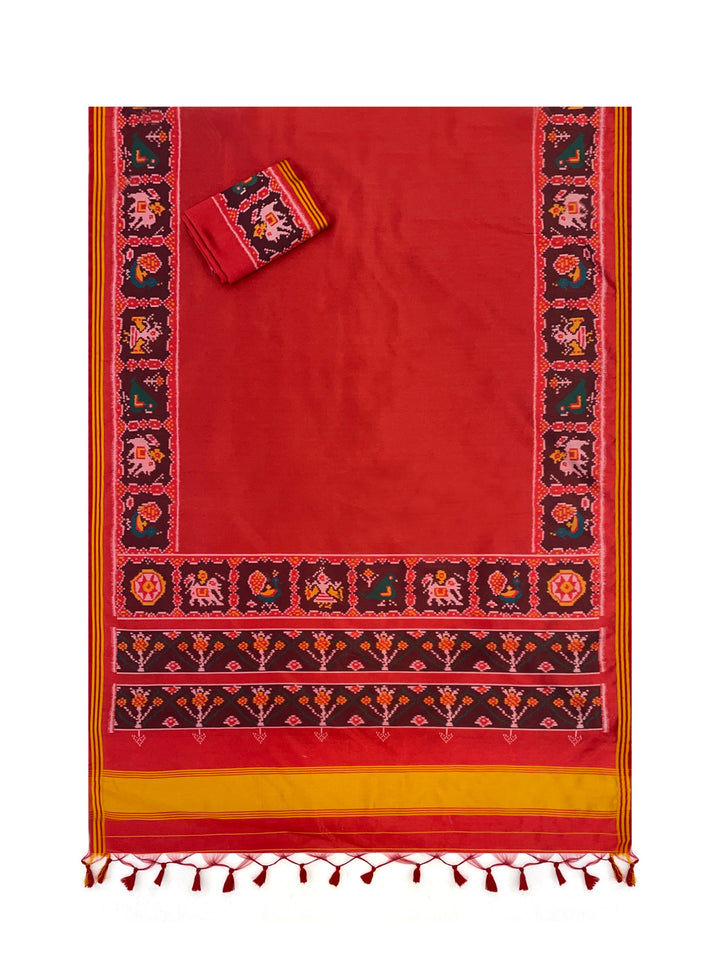 Ikat Print Patola Saree Gala Border with Unstitched Blouse