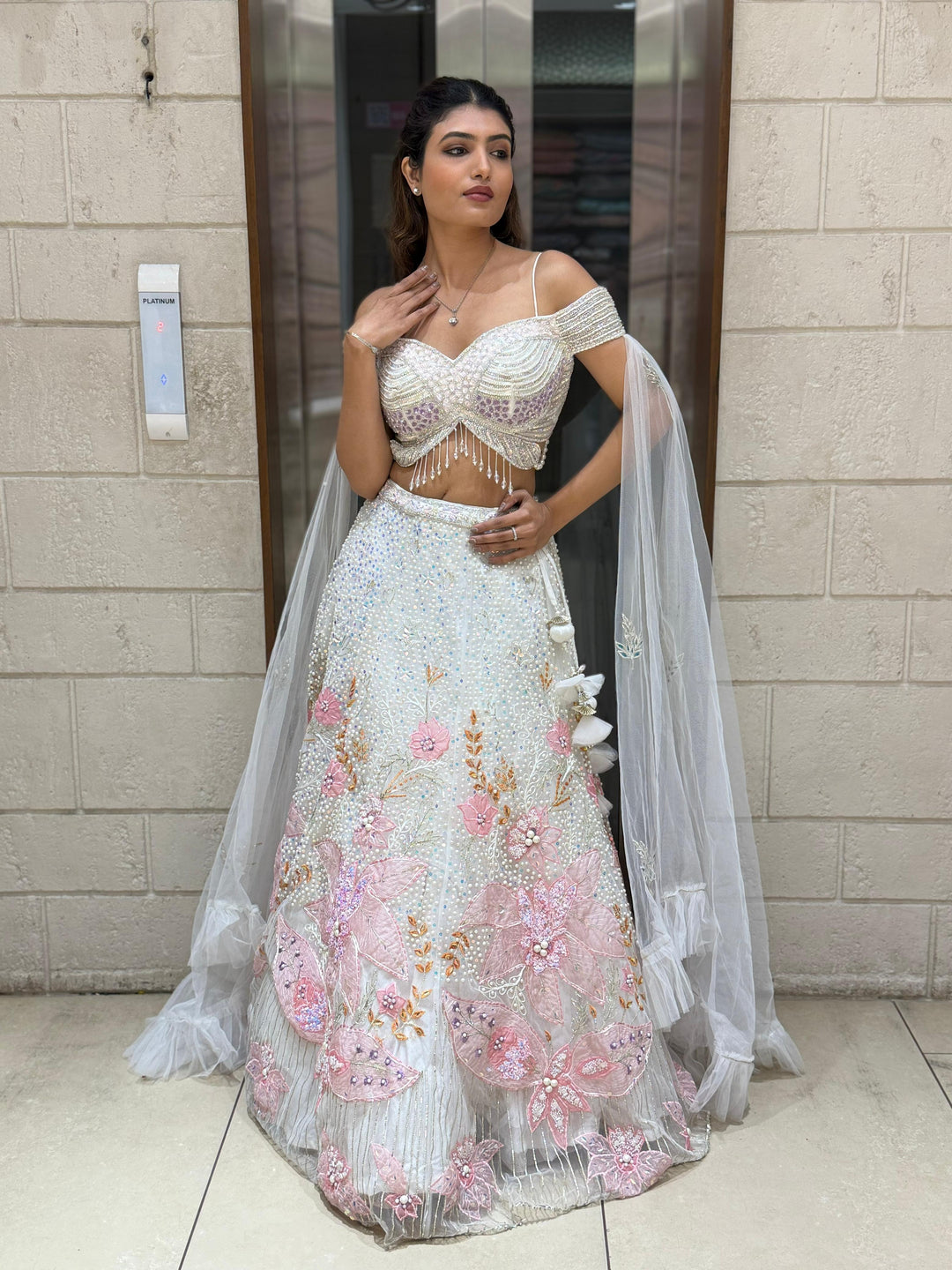 Ivory White Embellished Lehenga with Off-Shoulder Beaded Blouse & Dupatta