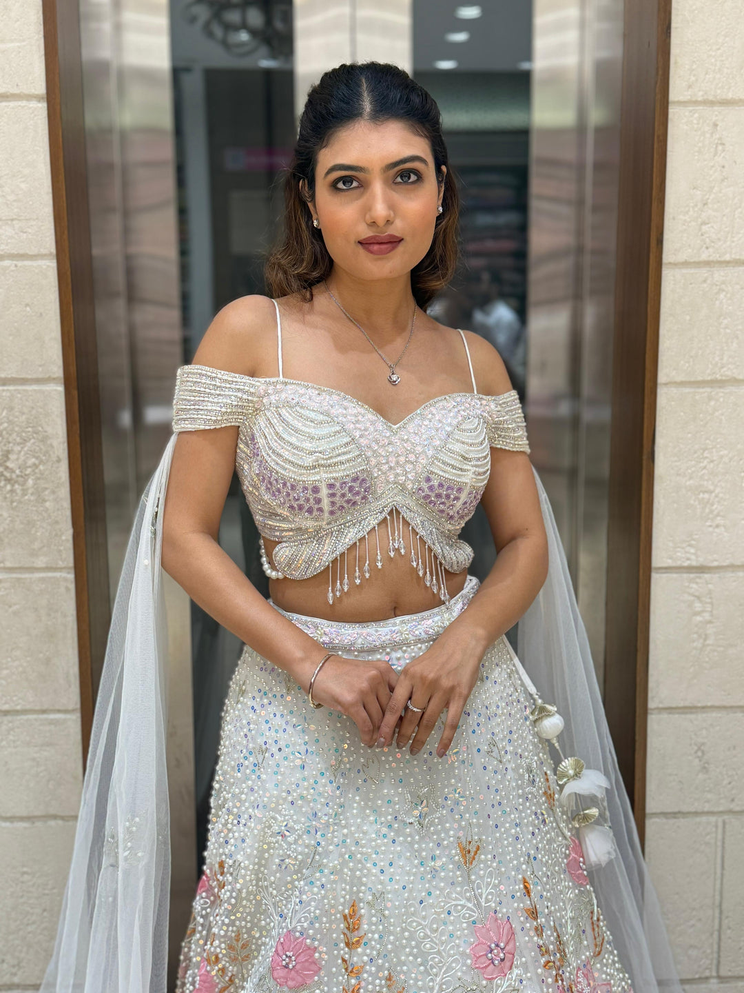 Ivory White Embellished Lehenga with Off-Shoulder Beaded Blouse & Dupatta