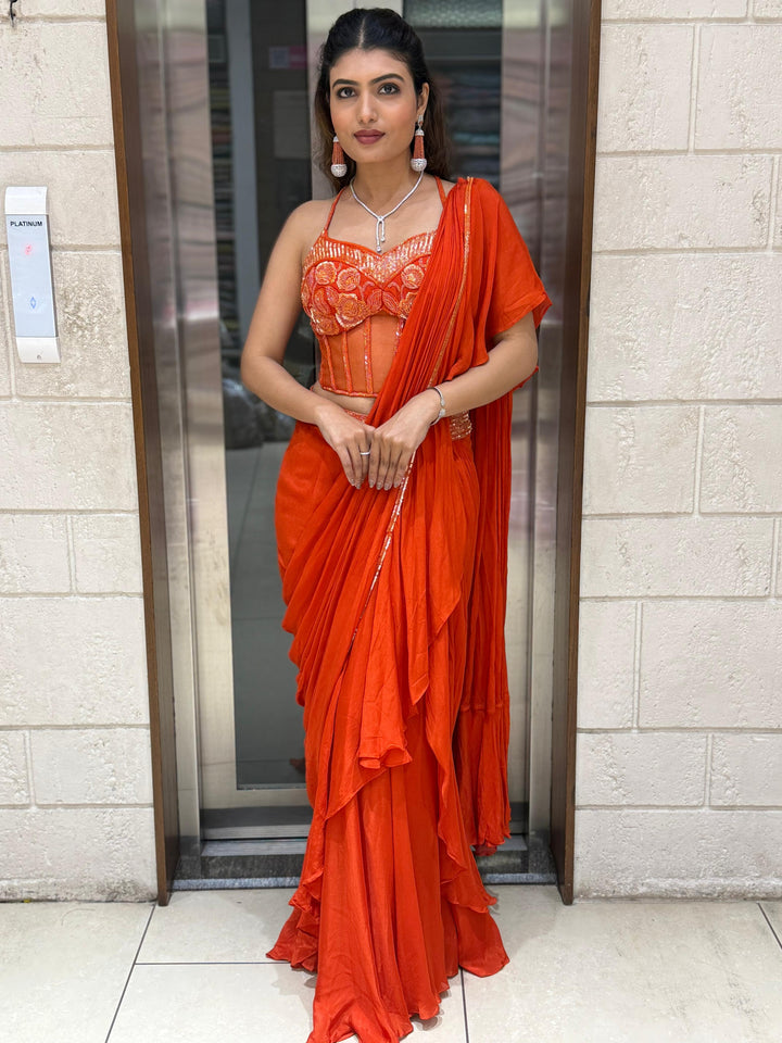 Radiant Orange Ready-to-Wear Saree with Embroidered Corset Blouse
