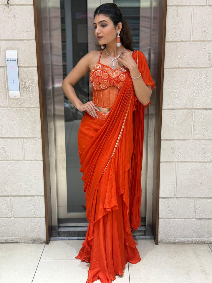 Radiant Orange Ready-to-Wear Saree with Embroidered Corset Blouse