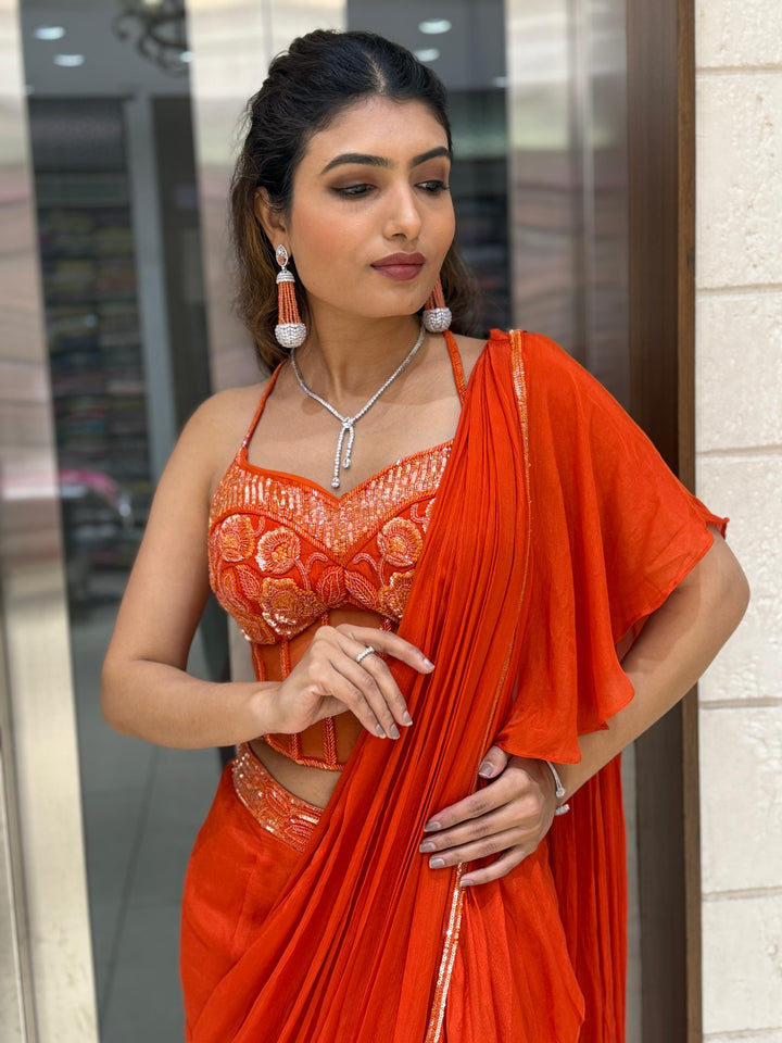 Radiant Orange Ready-to-Wear Saree with Embroidered Corset Blouse